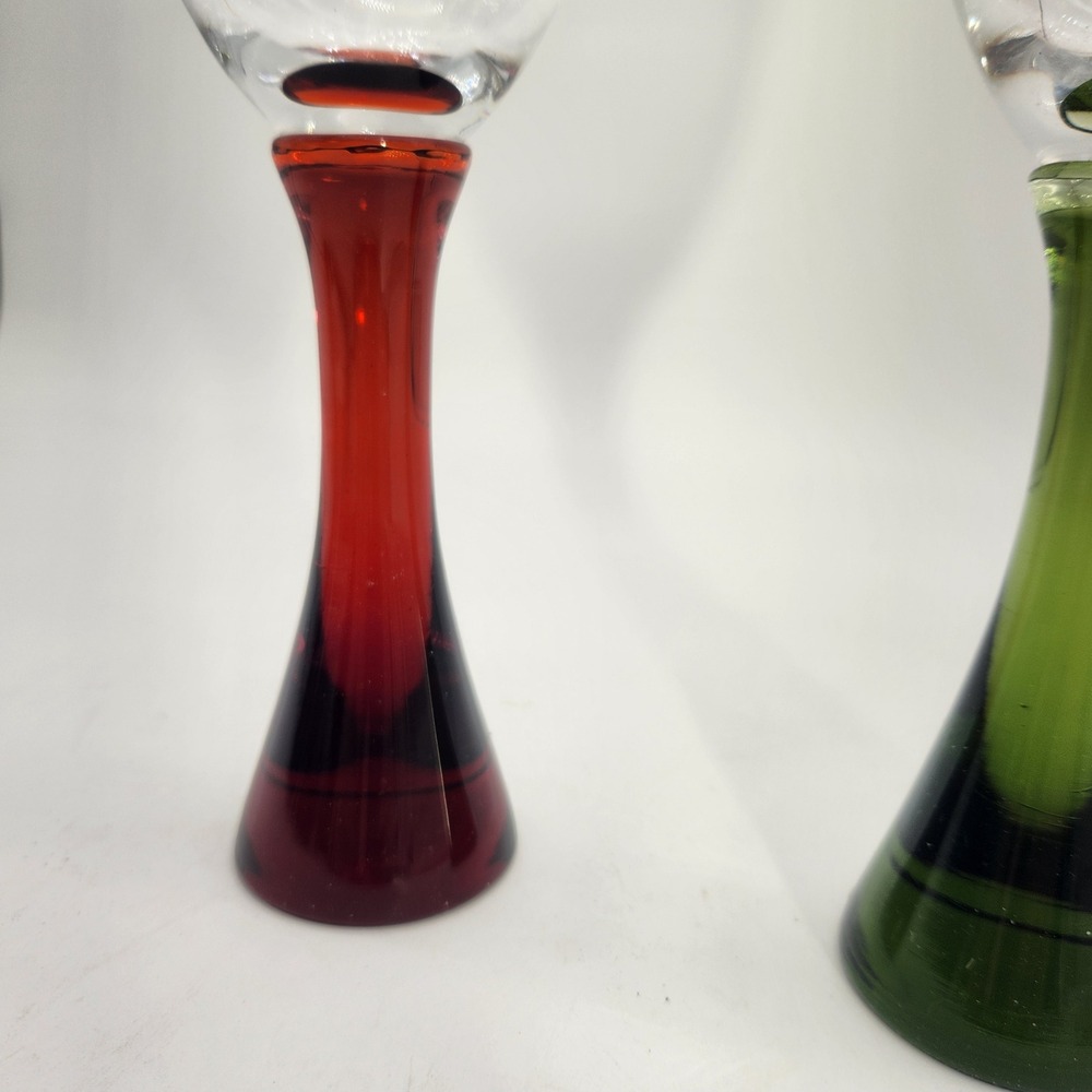 2 Danish Influenced Wine Goblets Green & Red Flared Stems Clear Bowls Vintage - Picture 5 of 7